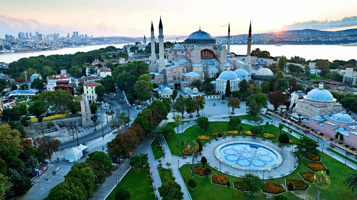 Hagia Sophia stands beside Sultanahmet Square and the Bosphorus in Istanbul, Turkey.